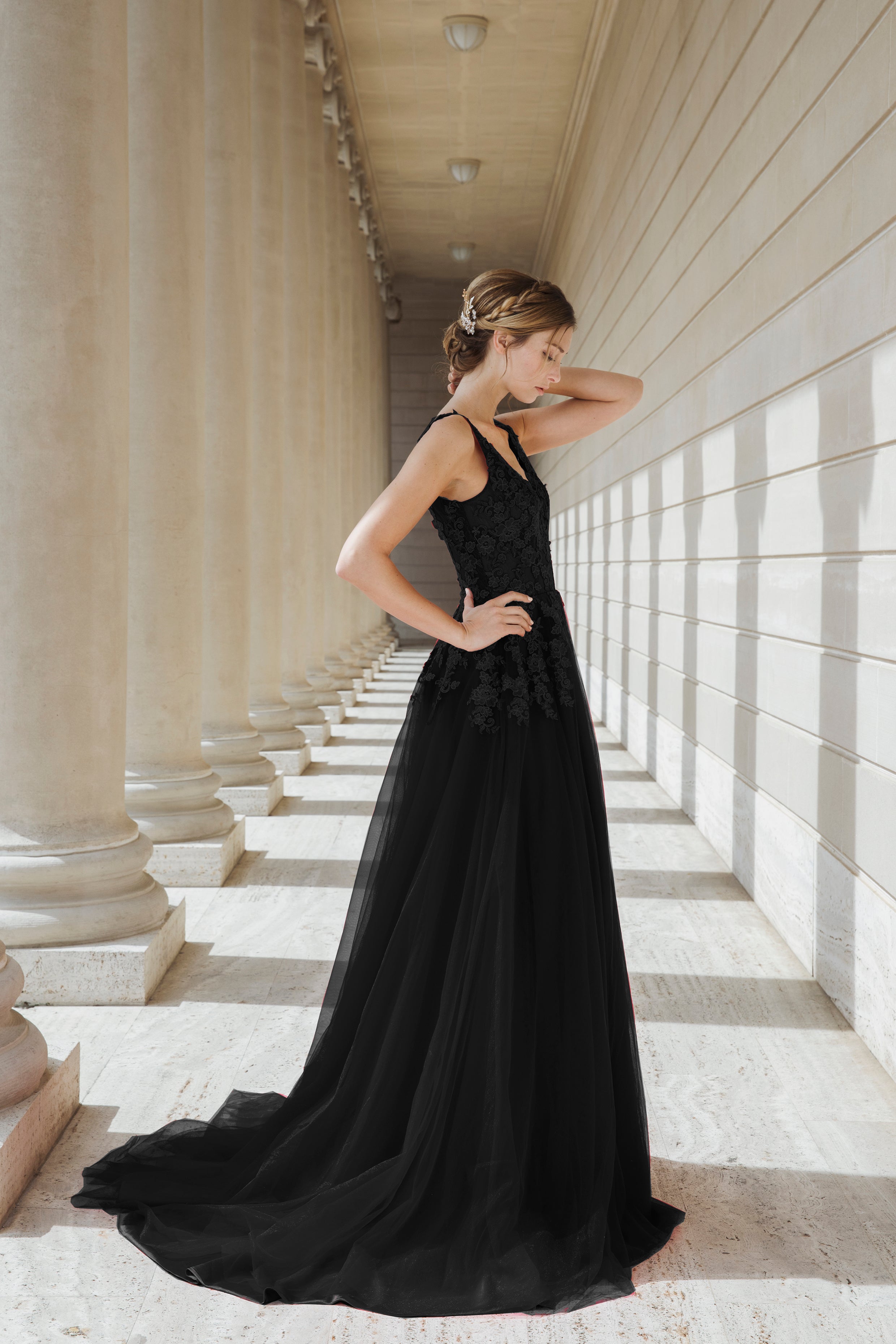 Black Queen - Black V-neck lace light-weighted low-back A-line gown colored wedding dress SelenaHuanStudio
