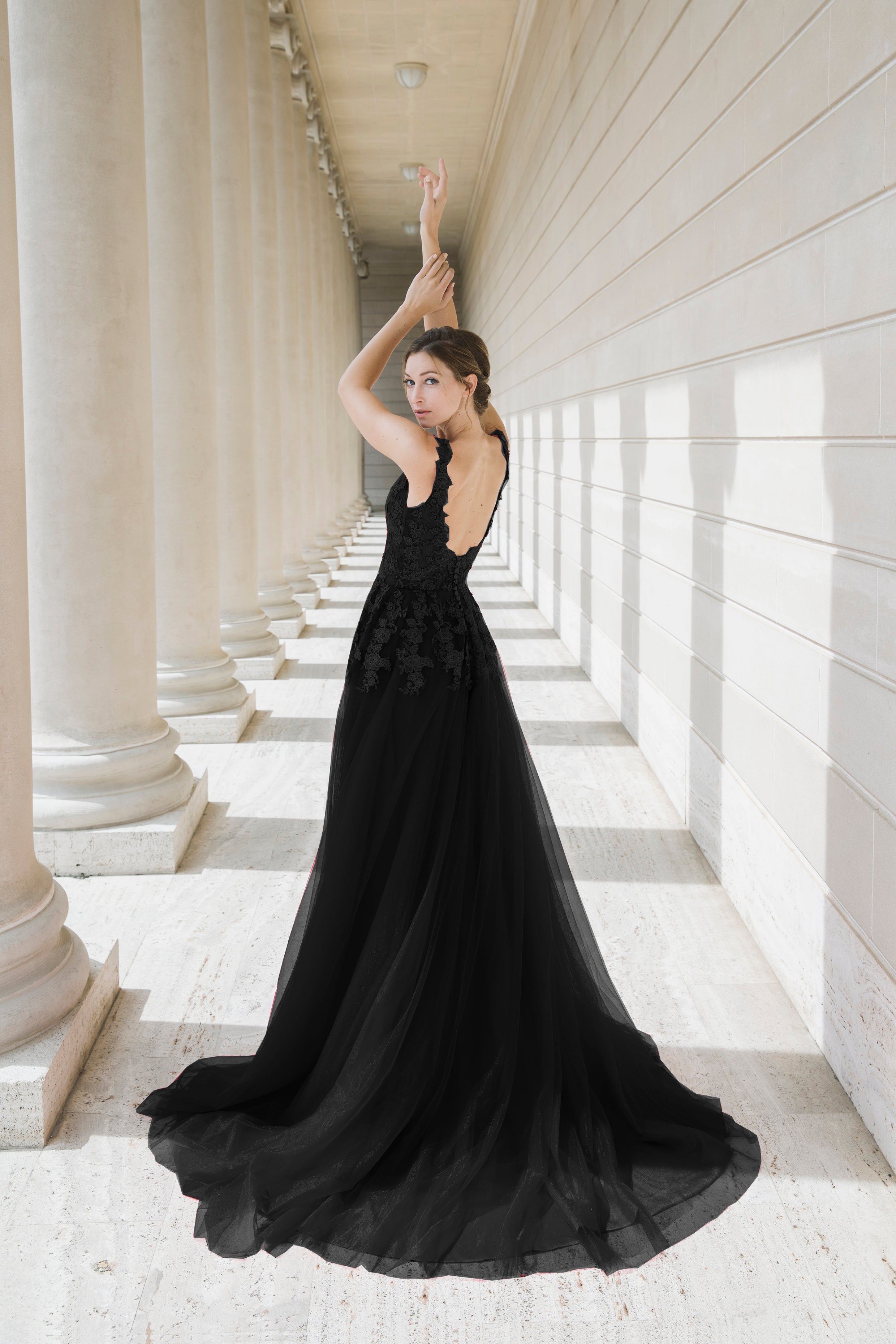 Black Queen - Black V-neck lace light-weighted low-back A-line gown colored wedding dress SelenaHuanStudio
