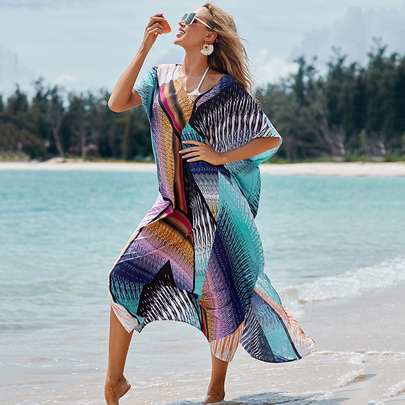 Colorful Floral Block Positioning Floral Robe Loose Maxi Dress Bikini Cover up Sun Protection Shirt Beach Vacation Dress Bella Mia