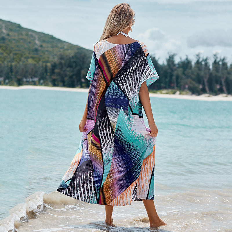 Colorful Floral Block Positioning Floral Robe Loose Maxi Dress Bikini Cover up Sun Protection Shirt Beach Vacation Dress Bella Mia