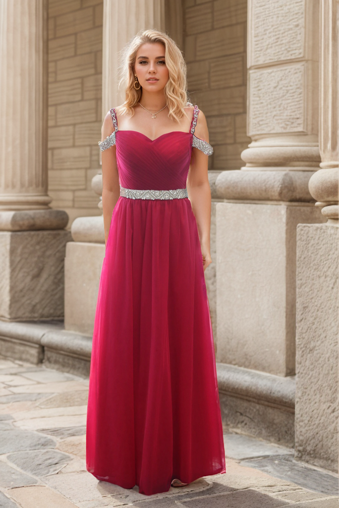 Crystal Beaded Off-shoulder Ruby Red Japanese A-line Soft Tulle Prom Dress SelenaHuanStudio
