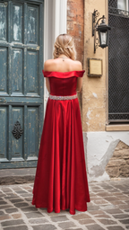 Off-shoulder Ruby Red A-line Japanese Soft Satin Prom Dress with Crystal Beaded Sash SelenaHuanStudio