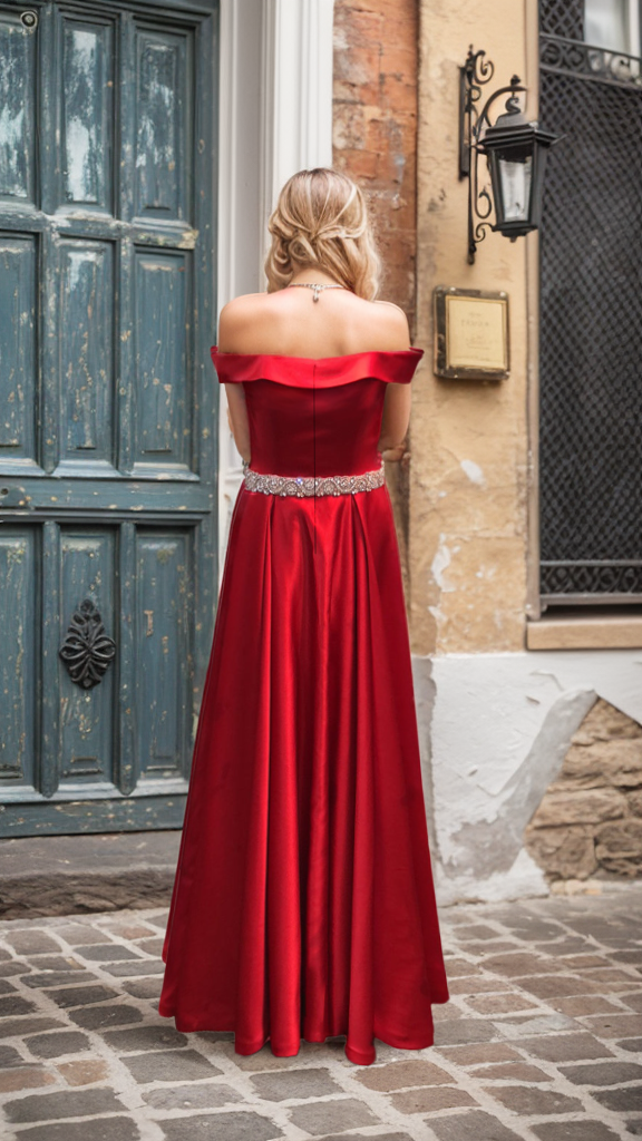 Off-shoulder Ruby Red A-line Japanese Soft Satin Prom Dress with Crystal Beaded Sash SelenaHuanStudio