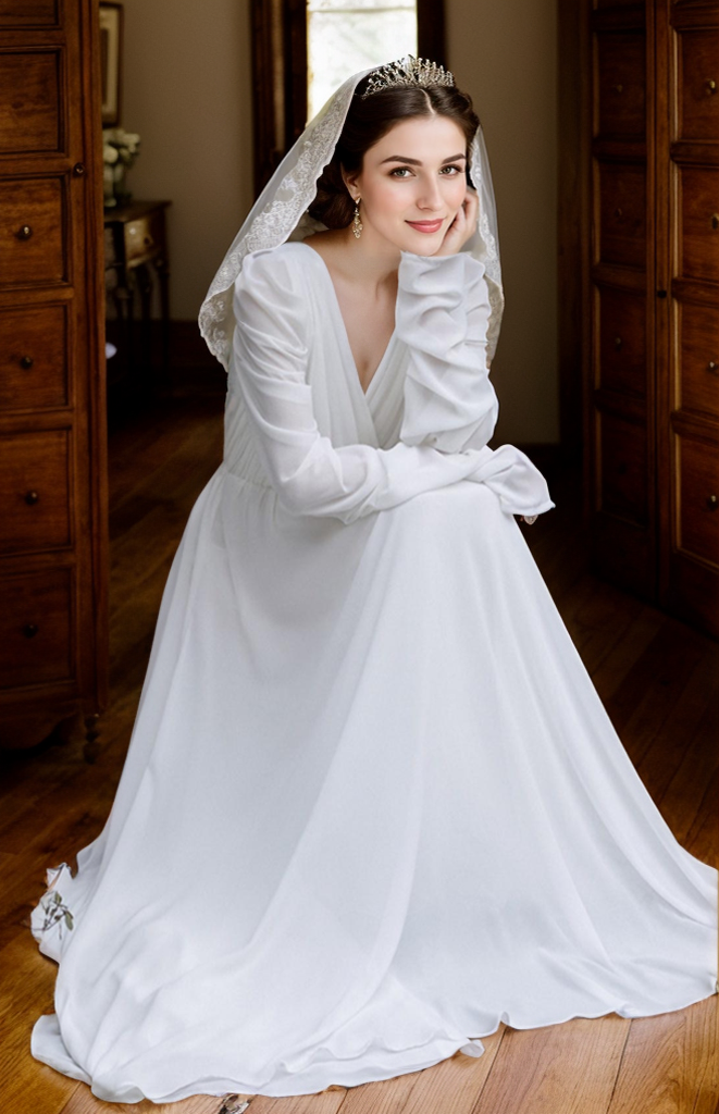 Timeless Chiffon Long Sleeve Wedding Gown with Draped Sleeves and Deep V Back SelenaHuanStudio