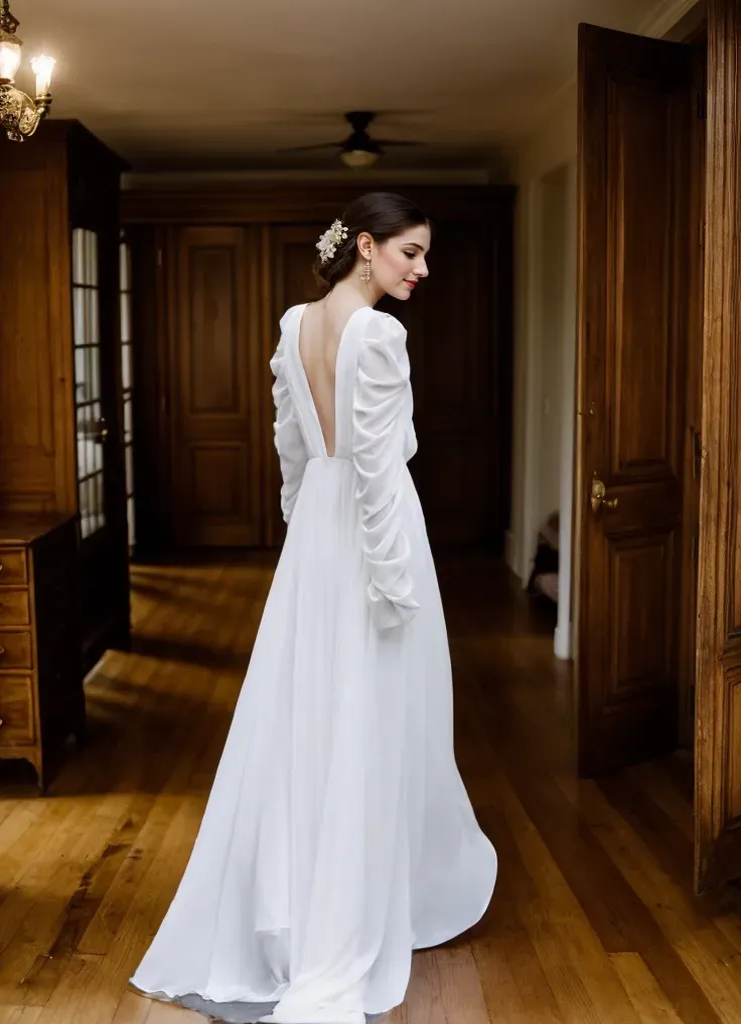 Timeless Chiffon Long Sleeve Wedding Gown with Draped Sleeves and Deep V Back