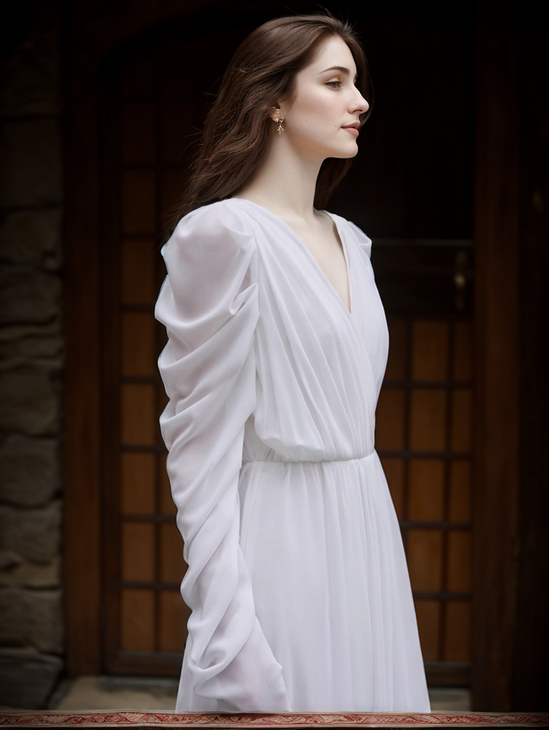Timeless Chiffon Long Sleeve Wedding Gown with Draped Sleeves and Deep V Back SelenaHuanStudio