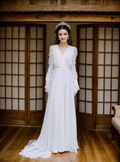 Timeless Chiffon Long Sleeve Wedding Gown with Draped Sleeves and Deep V Back