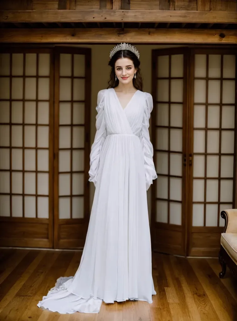 Timeless Chiffon Long Sleeve Wedding Gown with Draped Sleeves and Deep V Back SelenaHuanStudio