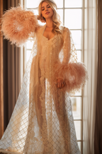 Luxury Feather-Trimmed Sheer Lace Bridal Robe Set with Embellished Details SelenaHuanStudio