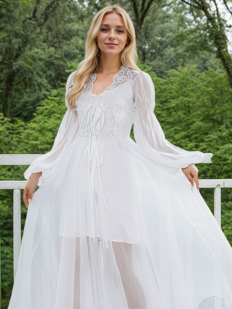 Boho Lace Embroidered Long Sheer Robe Set with Camisole Dress SelenaHuanStudio