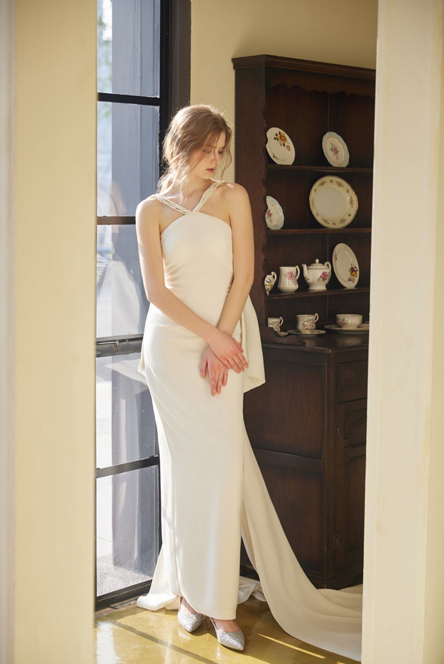 Pearl Strap Halter Satin Wedding Dress with Dramatic Back Bow and Train SelenaHuanStudio