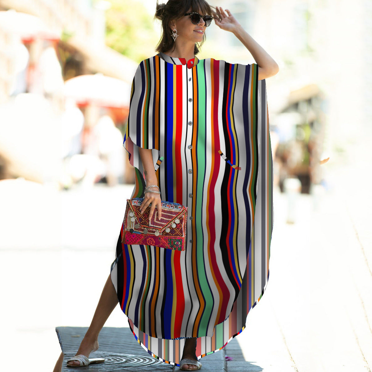 Beach Cover-up Elastic Printing Oversized Button Vacation Robe Bella Mia