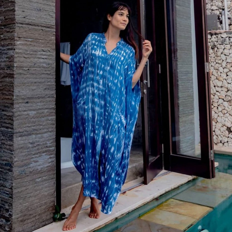 Beach Cover-up Elastic Printing Oversized Button Vacation Robe Bella Mia