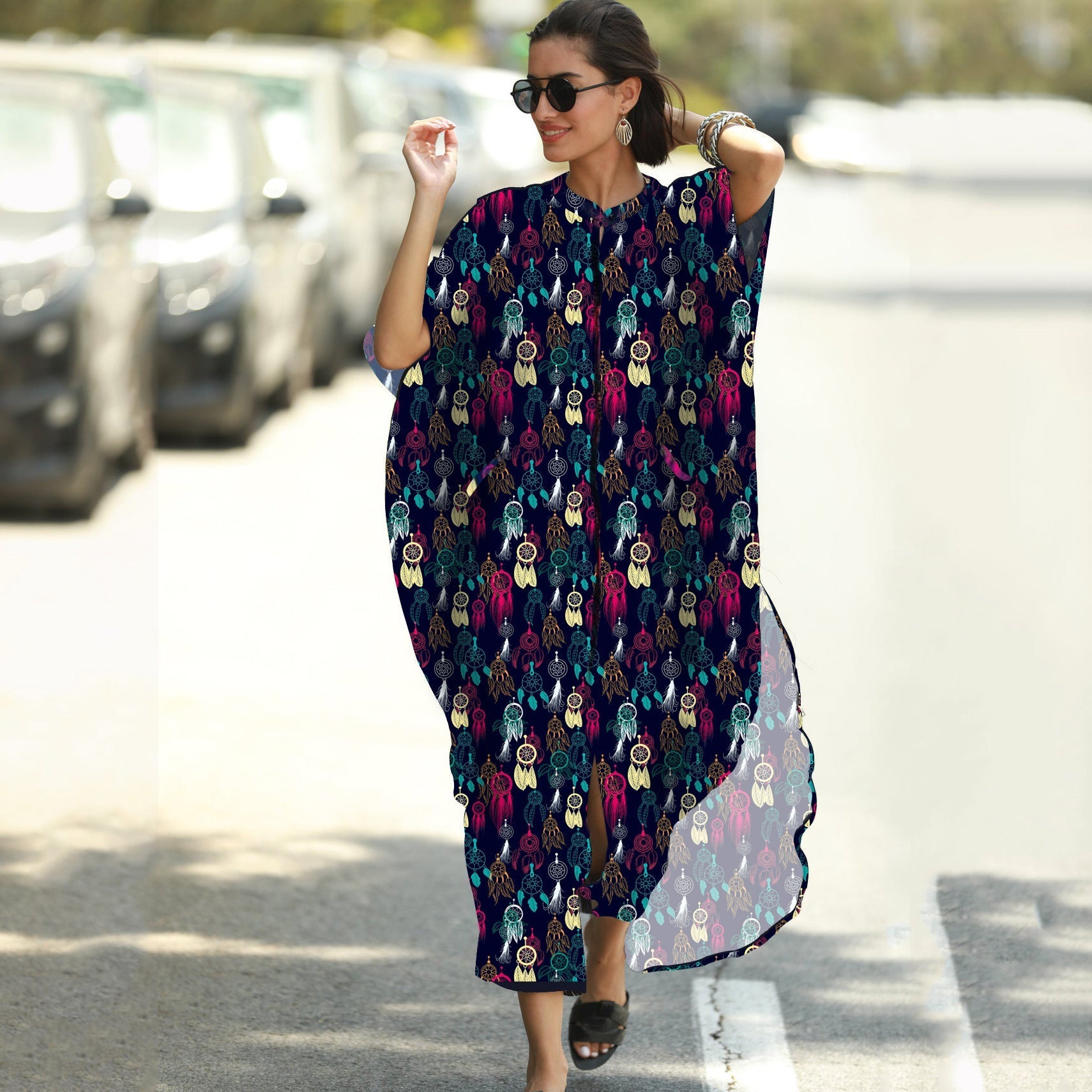Beach Cover-up Elastic Printing Oversized Button Vacation Robe Bella Mia