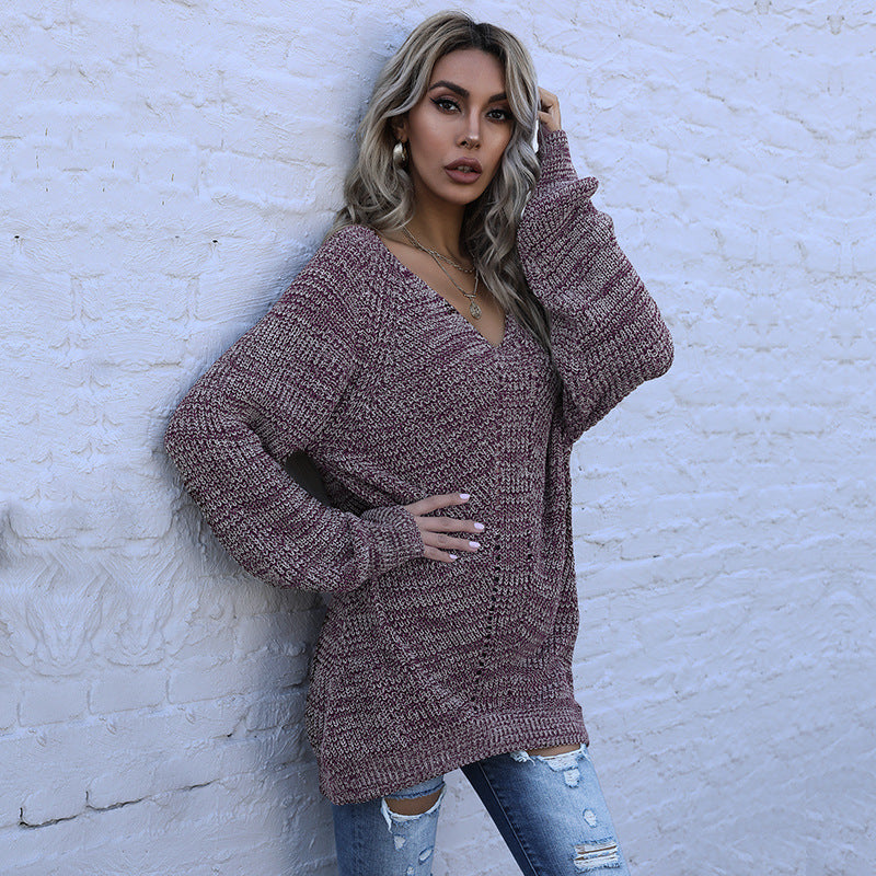 Autumn Casual Women Wear Mid Length Mixed Color Long Sleeve Loose V neck Sweater Bella Mia