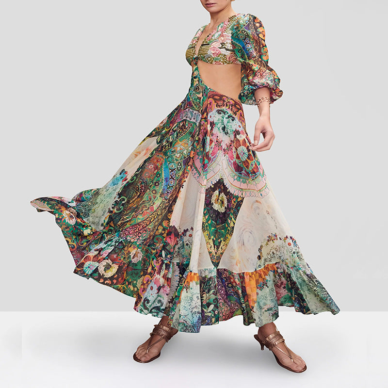 Maxi Dress Slimming Tall Women Printed Chest Front Garden Buckle Printing Dress Bella Mia