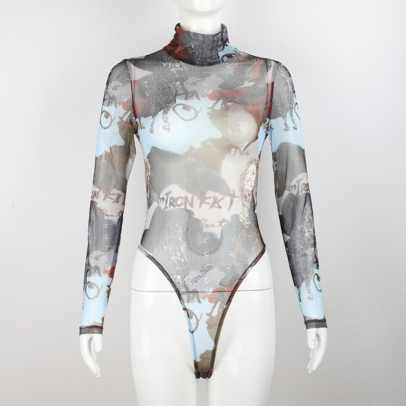 Sexy Sheer Mesh Letter Graphic Printing Bottoming Long-Sleeved Bodysuit Bella Mia