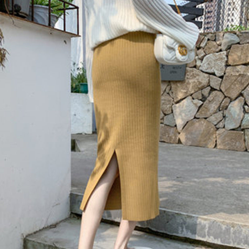 Knitted Skirt Women Autumn Winter with Sweater High Waist Mid Length Wool Thickened Split Hip Skirt Tide Bella Mia