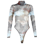 Sexy Sheer Mesh Letter Graphic Printing Bottoming Long-Sleeved Bodysuit Bella Mia