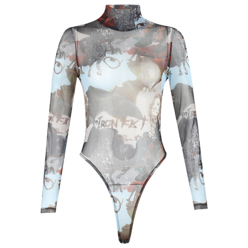 Sexy Sheer Mesh Letter Graphic Printing Bottoming Long-Sleeved Bodysuit Bella Mia