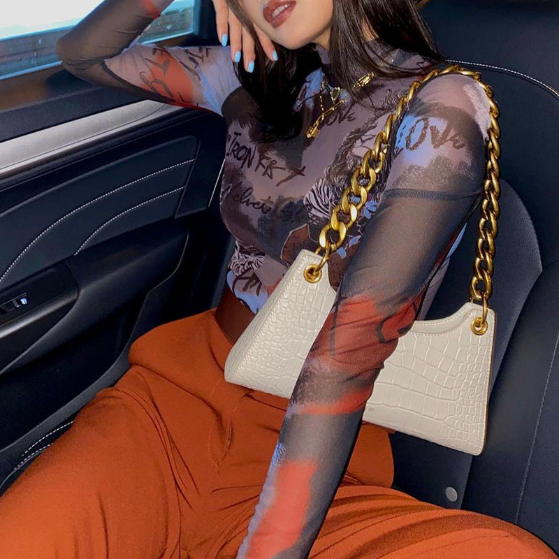 Sexy Sheer Mesh Letter Graphic Printing Bottoming Long-Sleeved Bodysuit Bella Mia