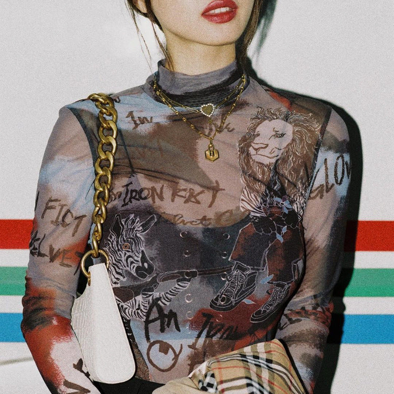 Sexy Sheer Mesh Letter Graphic Printing Bottoming Long-Sleeved Bodysuit Bella Mia