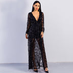 Tassel Sequ Banquet Dress Sexy Long Sleeve Deep V Plunge Plunge Split Birthday Party Dress Female Prom Formal Gown Bella Mia
