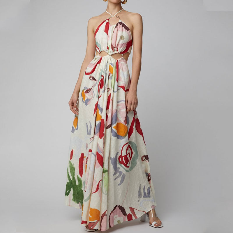 Spring Summer Women Clothing Slim Fit Large Swing Sling Stitching Printing Maxi Dress Beach Dress Bella Mia