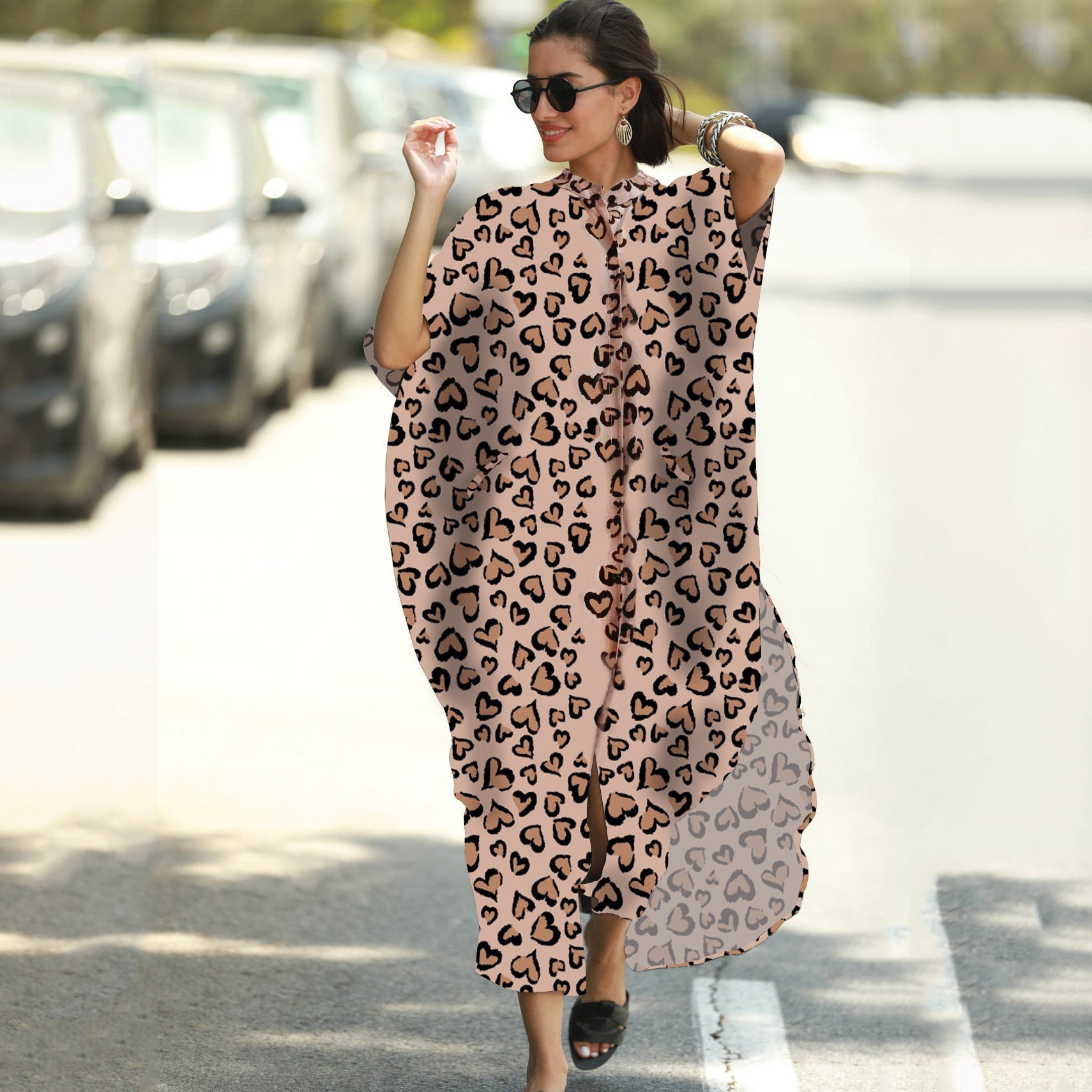 Beach Cover-up Elastic Printing Oversized Button Vacation Robe Bella Mia