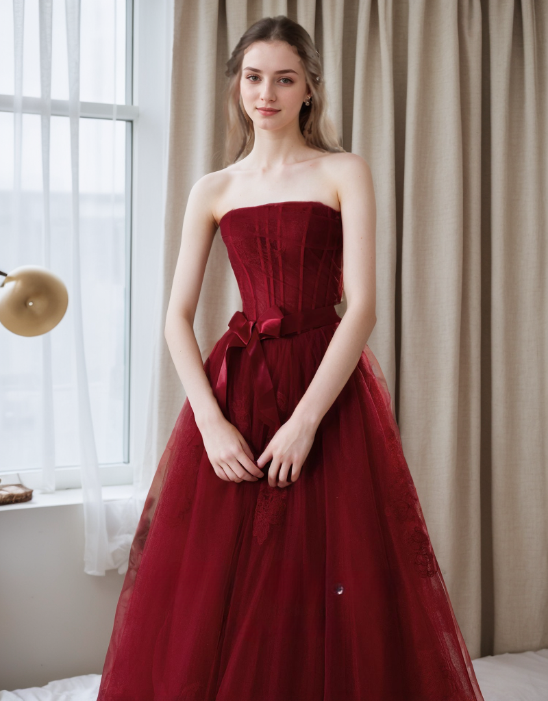 Elegant Strapless Burgundy Tulle Ball Gown with Corset Back and Ribbon Tie SelenaHuanStudio