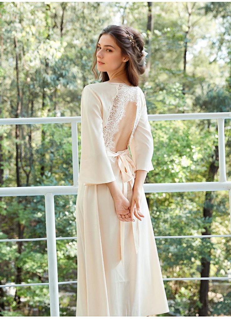 Elegant Lace Keyhole Open Back Soft Satin Robe with Slit - 4 Colors SelenaHuanStudio