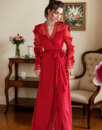 3D Floral Appliqué Sheer Sleeve Satin Robe – Wine Red or Ivory White SelenaHuanStudio