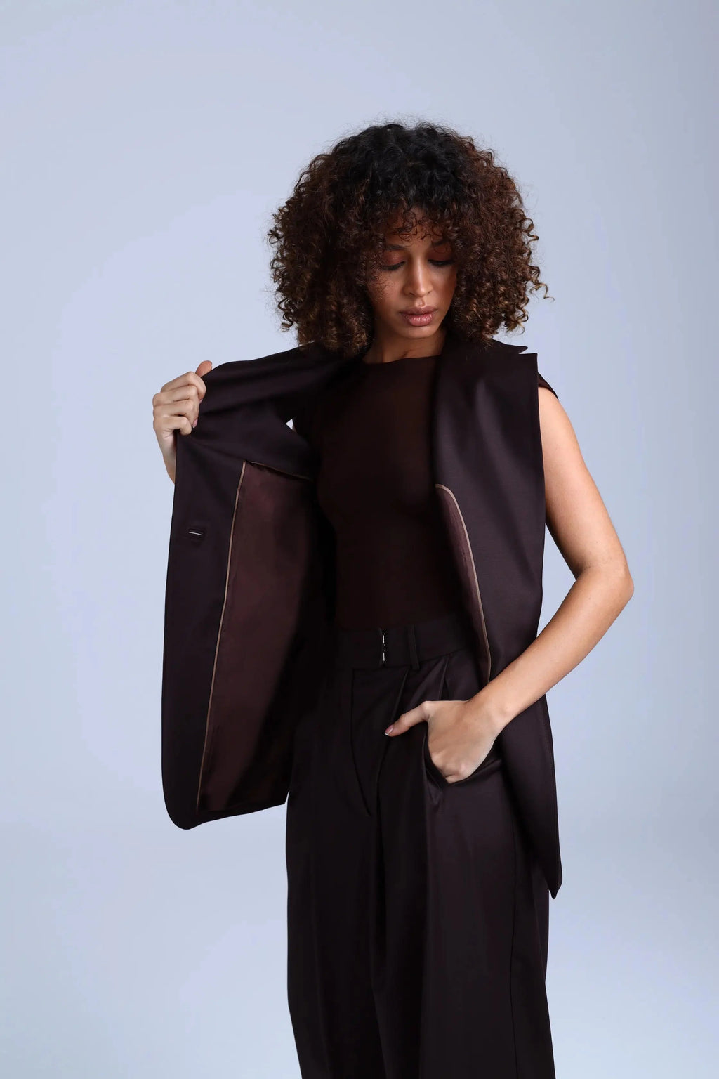 Broadway Monica Longline Virgin Wool Waistcoat in Dark Coffee