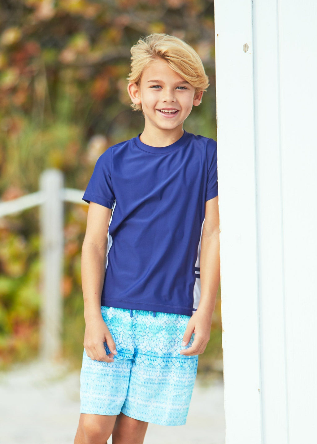 Boys Navy  Side Stripe Short Sleeve Rashguard Cabana Life