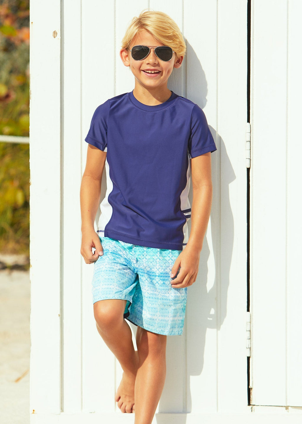 Boys Navy  Side Stripe Short Sleeve Rashguard Cabana Life
