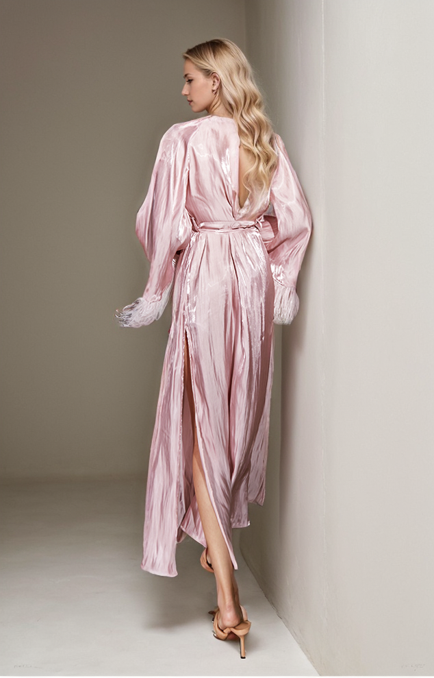 Luxury Feather-Trimmed Satin Robe - Elegant Full-Length Lounge & Bridal Wear SelenaHuanStudio