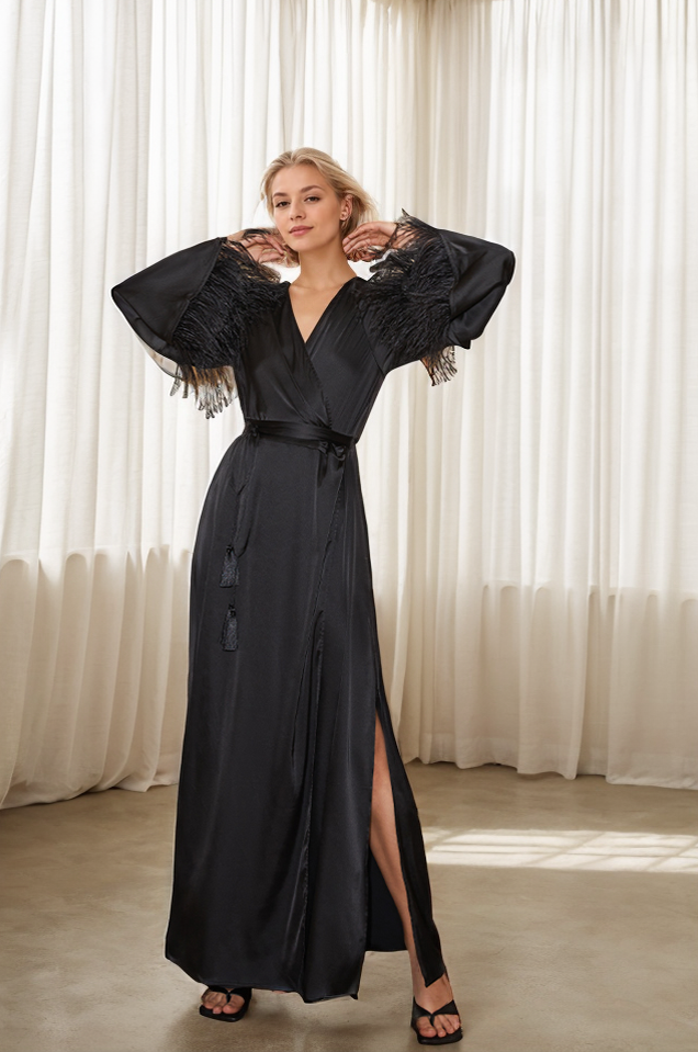 Luxury Feather-Trimmed Satin Robe - Elegant Full-Length Lounge & Bridal Wear SelenaHuanStudio