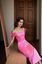 3D floral sleeves Off the shoulder ankle length sheath silky satin prom dress SelenaHuanStudio