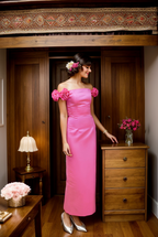 3D floral sleeves Off the shoulder ankle length sheath silky satin prom dress SelenaHuanStudio