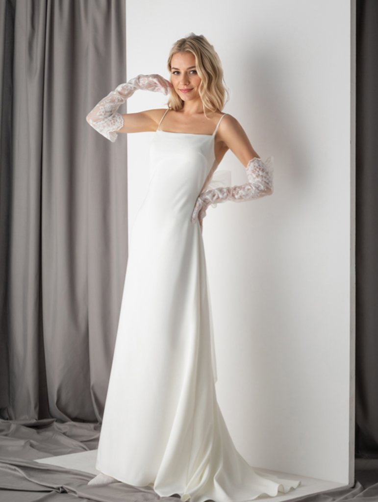 Minimalist Satin Wedding Dress with Delicate Bow Back & Sheer Gloves SelenaHuanStudio
