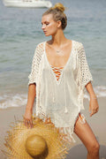 Knitted Tassel Beach Cover-up Sexy Knitted Holiday Sun Protection Shirt Seaside Bikini Swimsuit Blouse Bella Mia