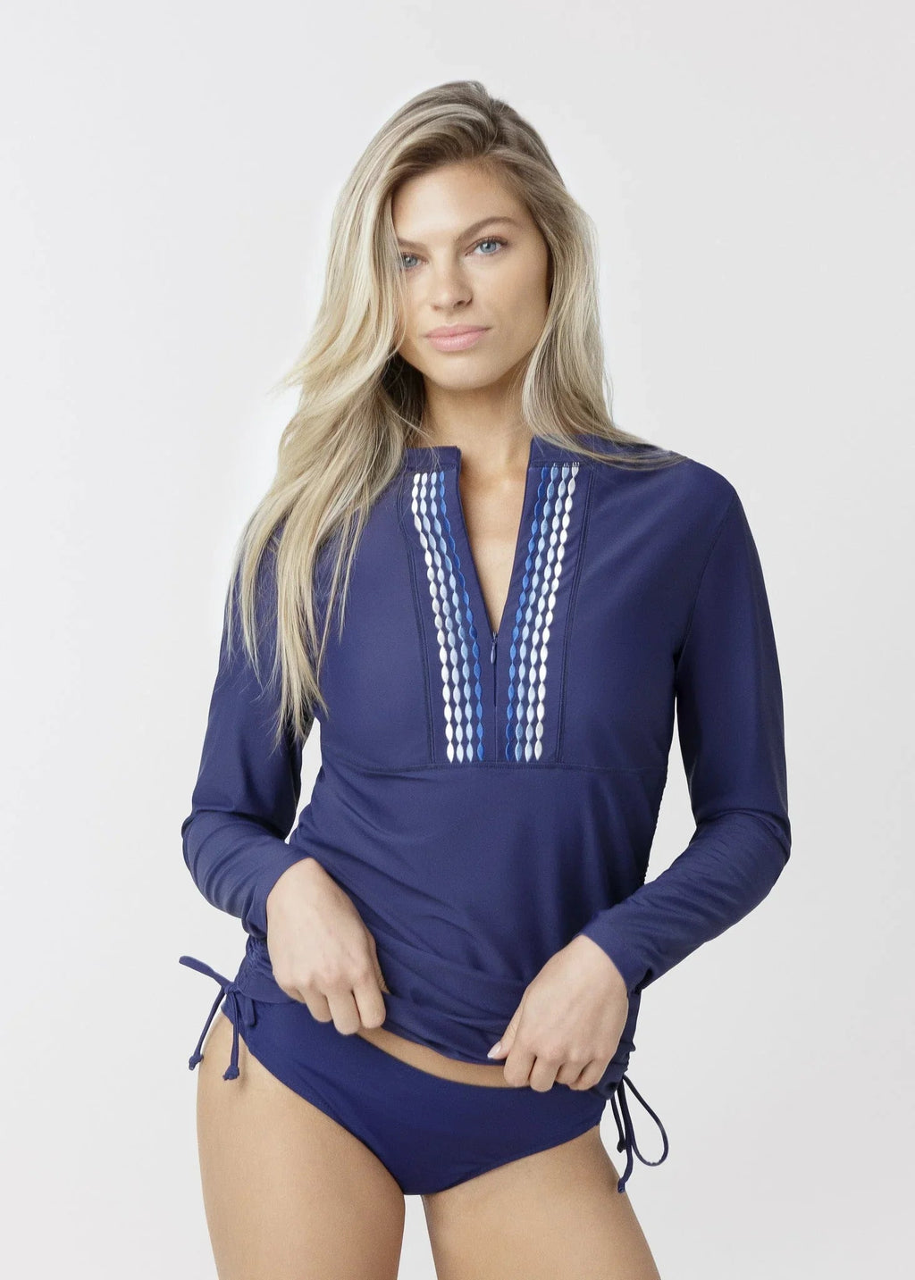 Navy Embroidered Convertible Ruched Rashguard Cabana Life
