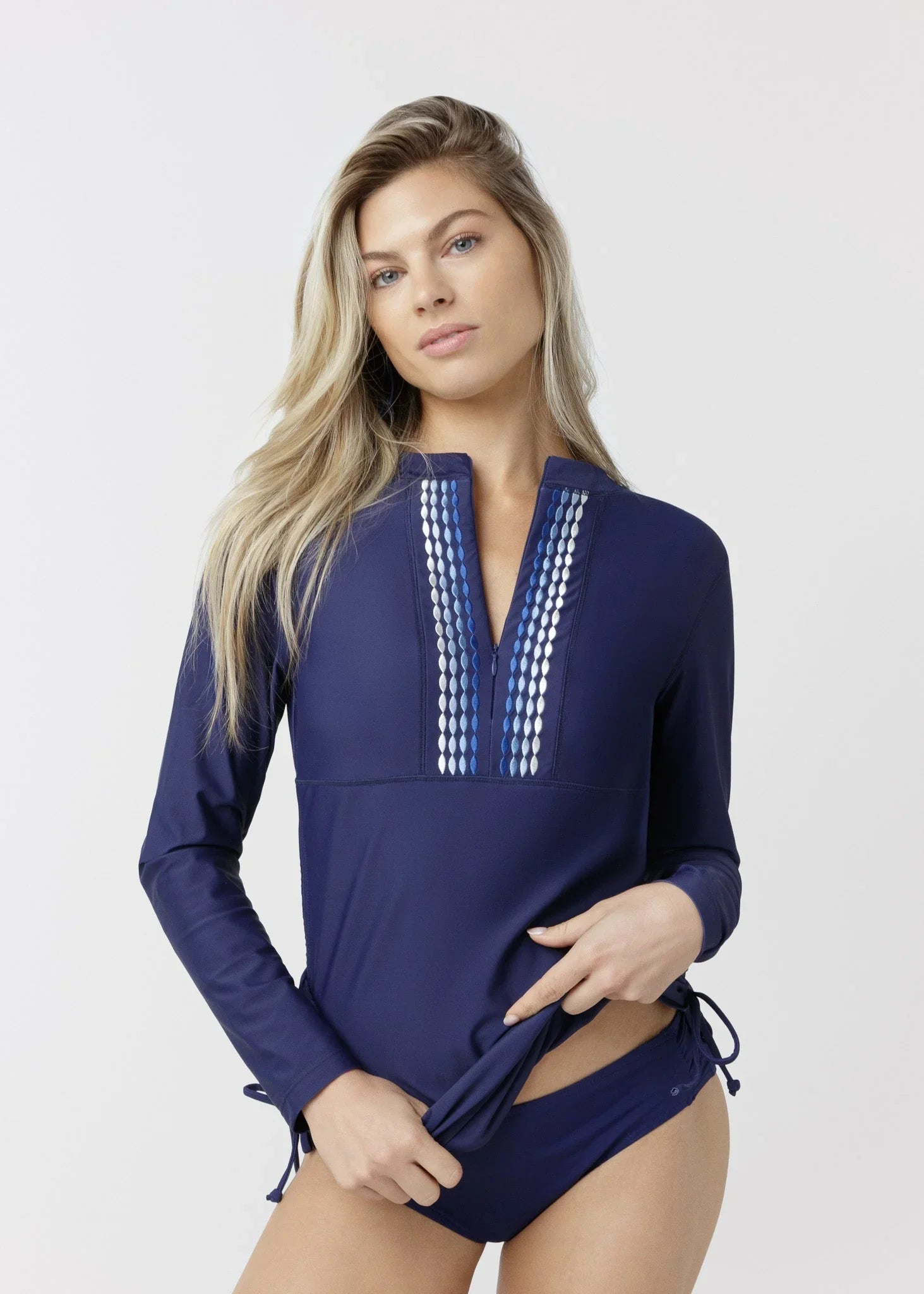 Navy Embroidered Convertible Ruched Rashguard Cabana Life