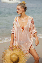 Knitted Tassel Beach Cover-up Sexy Knitted Holiday Sun Protection Shirt Seaside Bikini Swimsuit Blouse Bella Mia