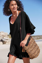 Slub Cotton V Neck Bikini Cover Up Beach Cover Up Vacation Swimsuit outside Overclothes Women Sun Protection Bella Mia