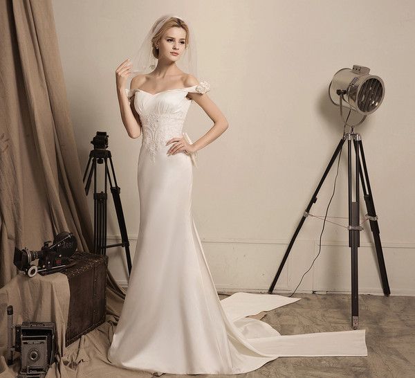 Rose Manor - Beaded Floral lace off-the-shoulder mermaid soft silky satin prom dress colored wedding dress