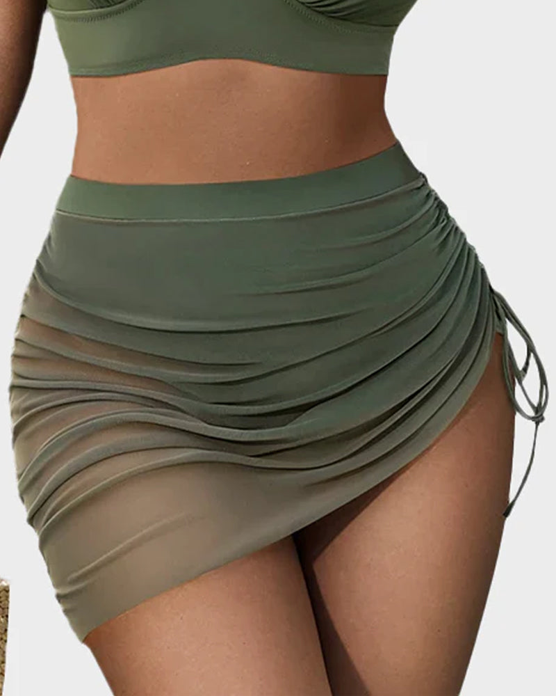 Mesh High Waisted Tummy Control Sarong Wraps Bikini Set SheCurve