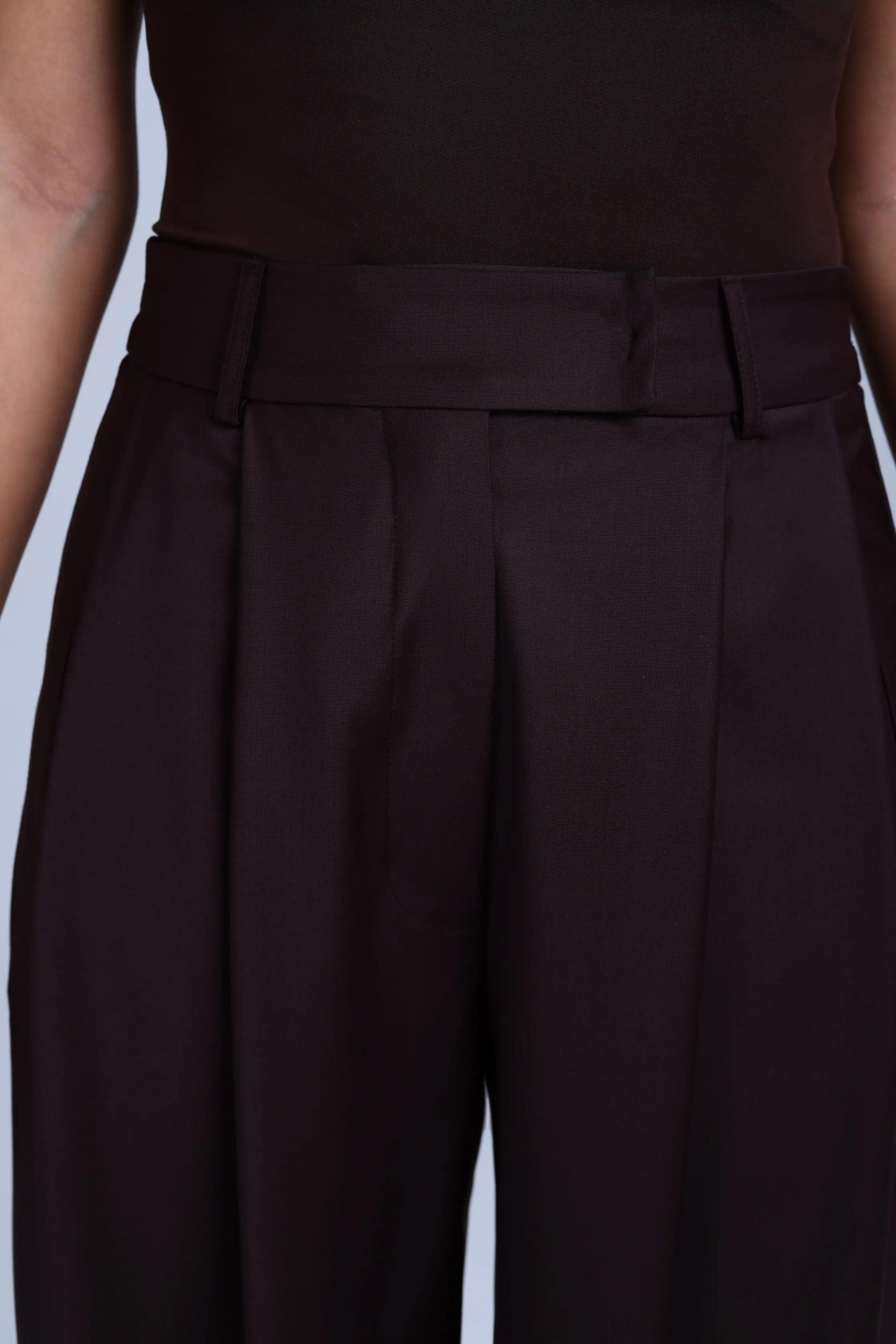 Brown Virgin Wool Pants Monica Wide-Leg in Dark Coffee ETNA
