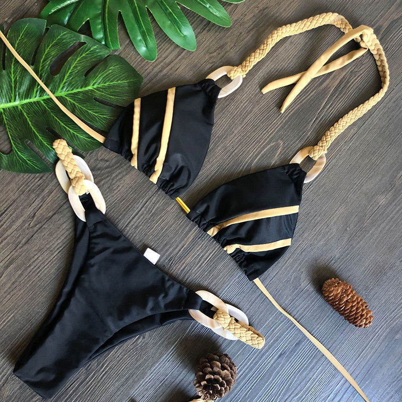Halter Swimsuit Women High Cut Bathing Suit Triangle Bikini Set Bathers Patchwork Swimwear Women Micro Biquini Bella Mia