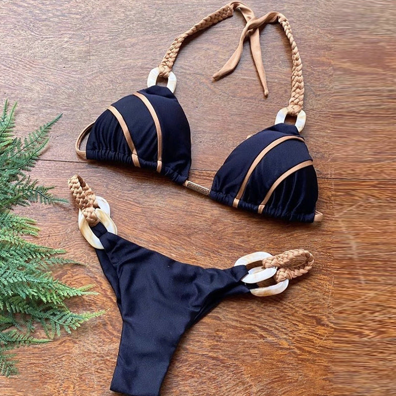 Halter Swimsuit Women High Cut Bathing Suit Triangle Bikini Set Bathers Patchwork Swimwear Women Micro Biquini Bella Mia